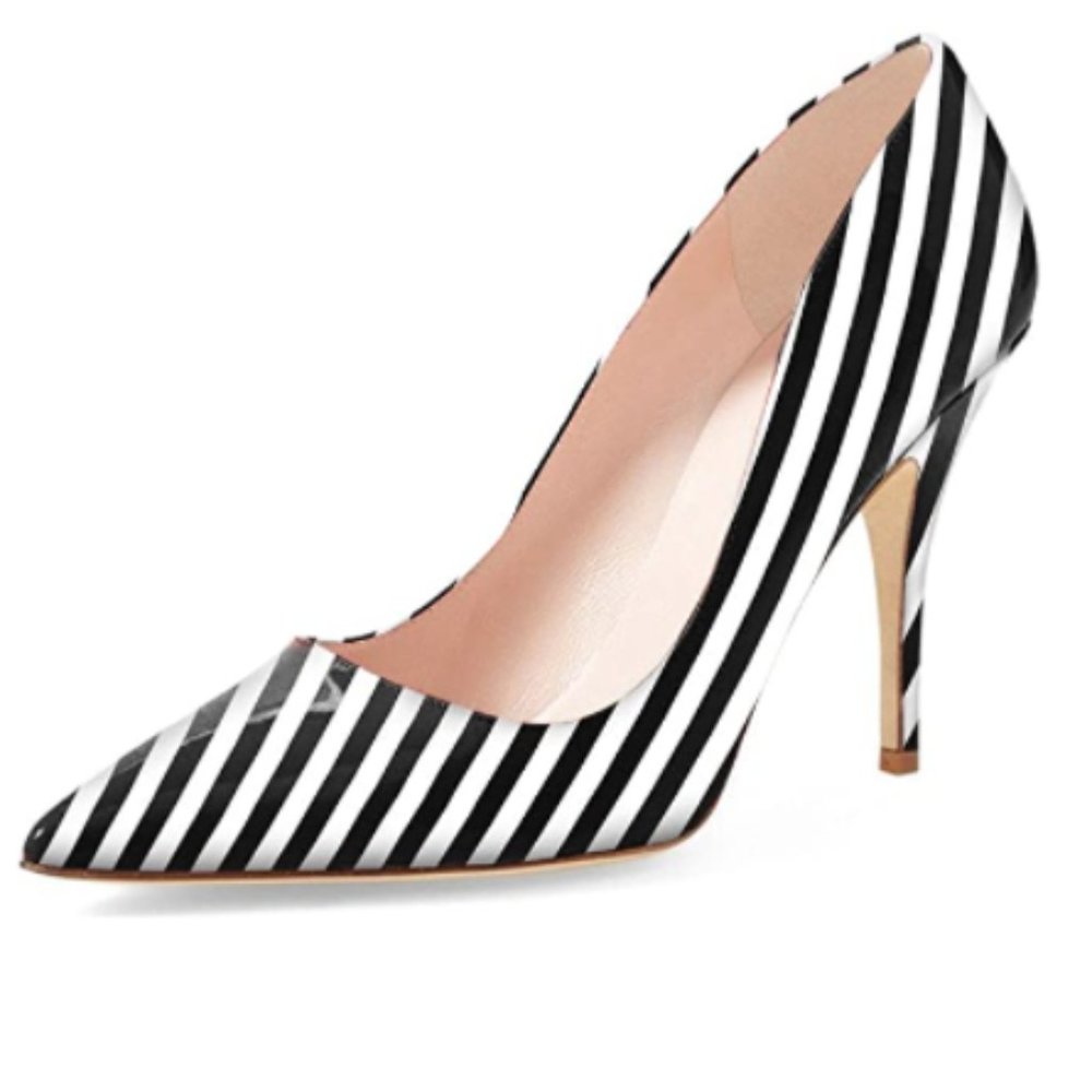 YDN Black Stripe Pointed Toe Slip on Mid Heel Pumps